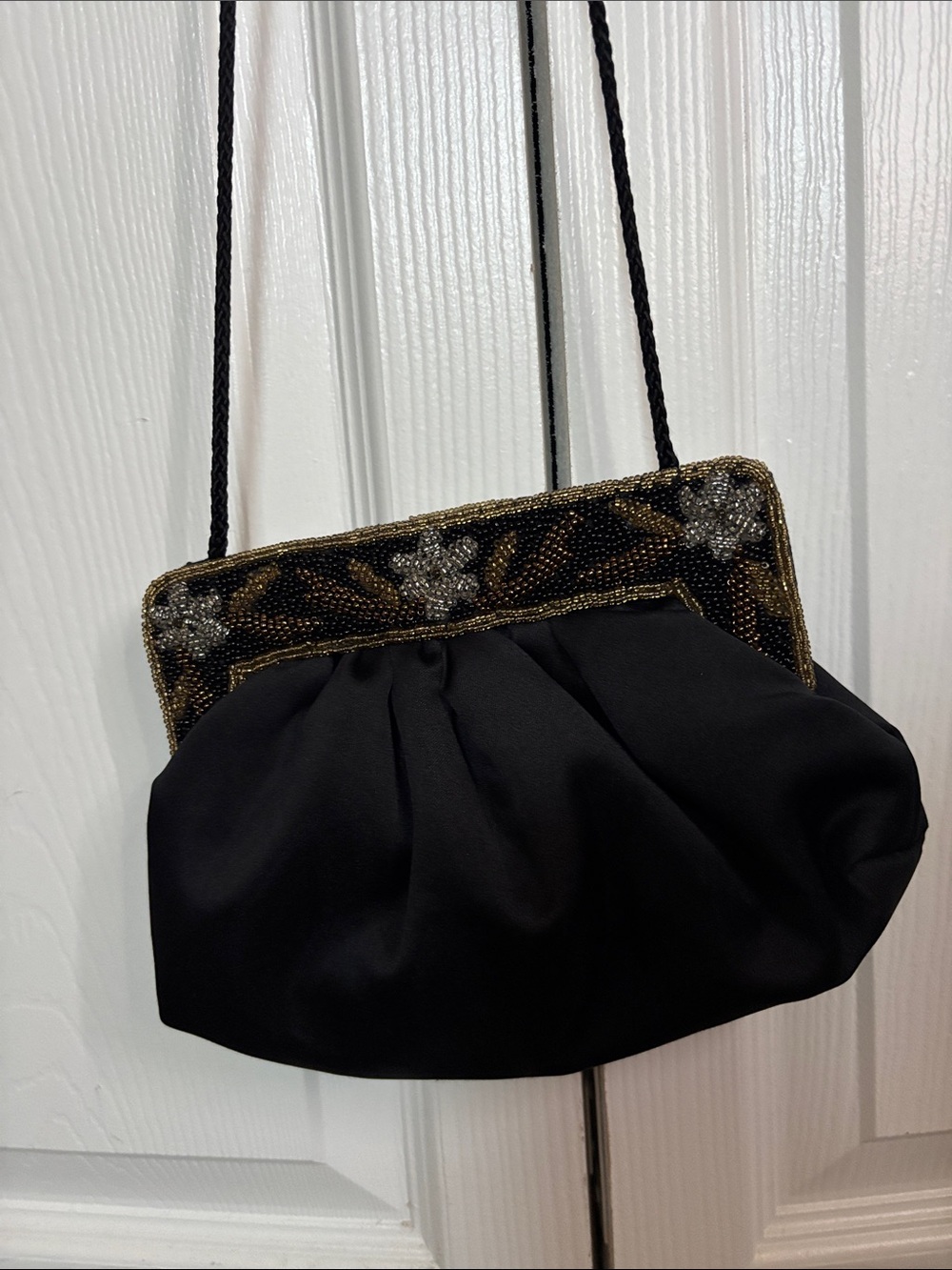 Black Beaded Evening Clutch with Floral Frame